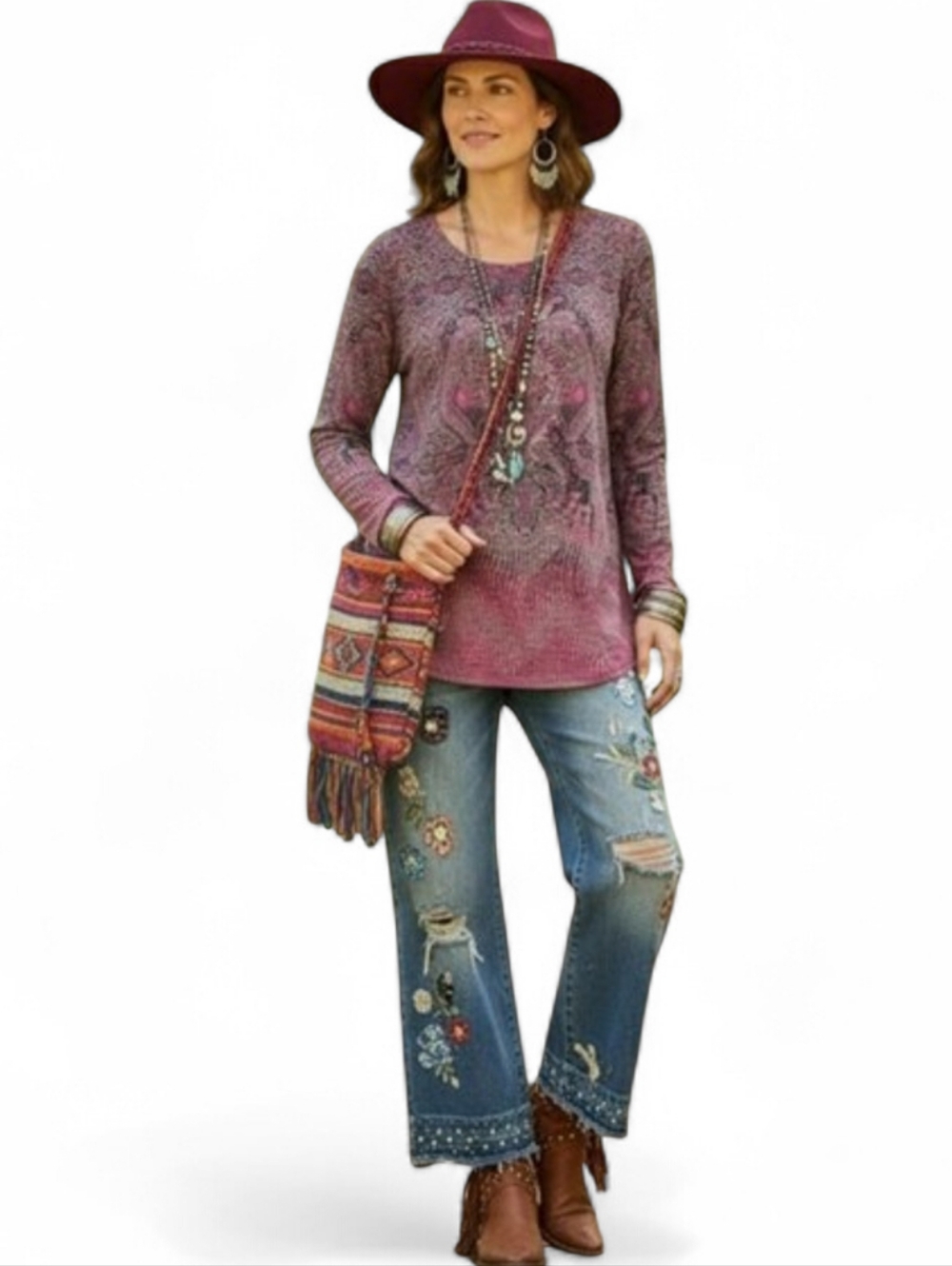 Boho Whimsical Artistic Paisley Embellished Knit Top - Size XL
